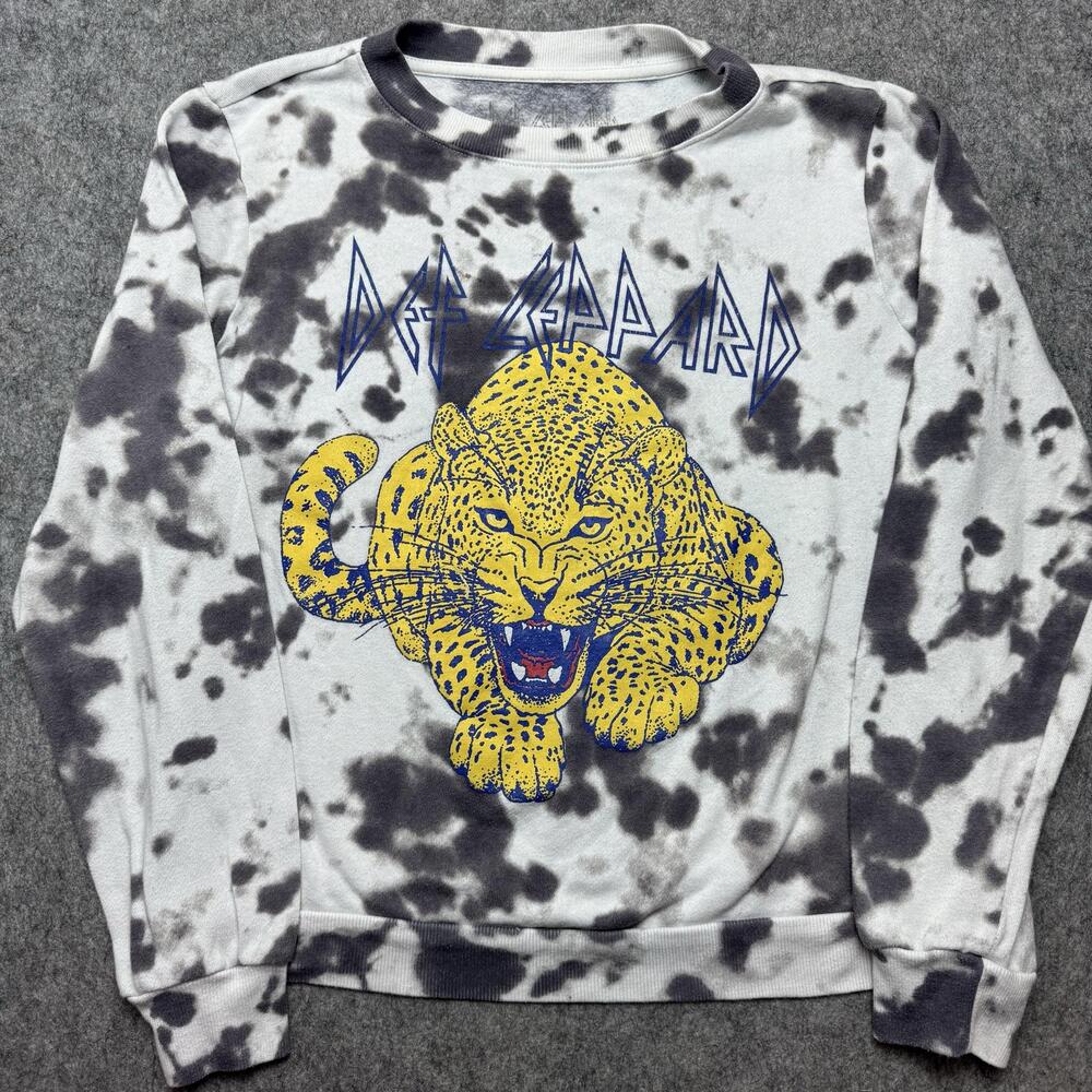 Def Leppard Sweatshirt Small White Tie Dye Y2K Leopard Baggy Pullover Fleece